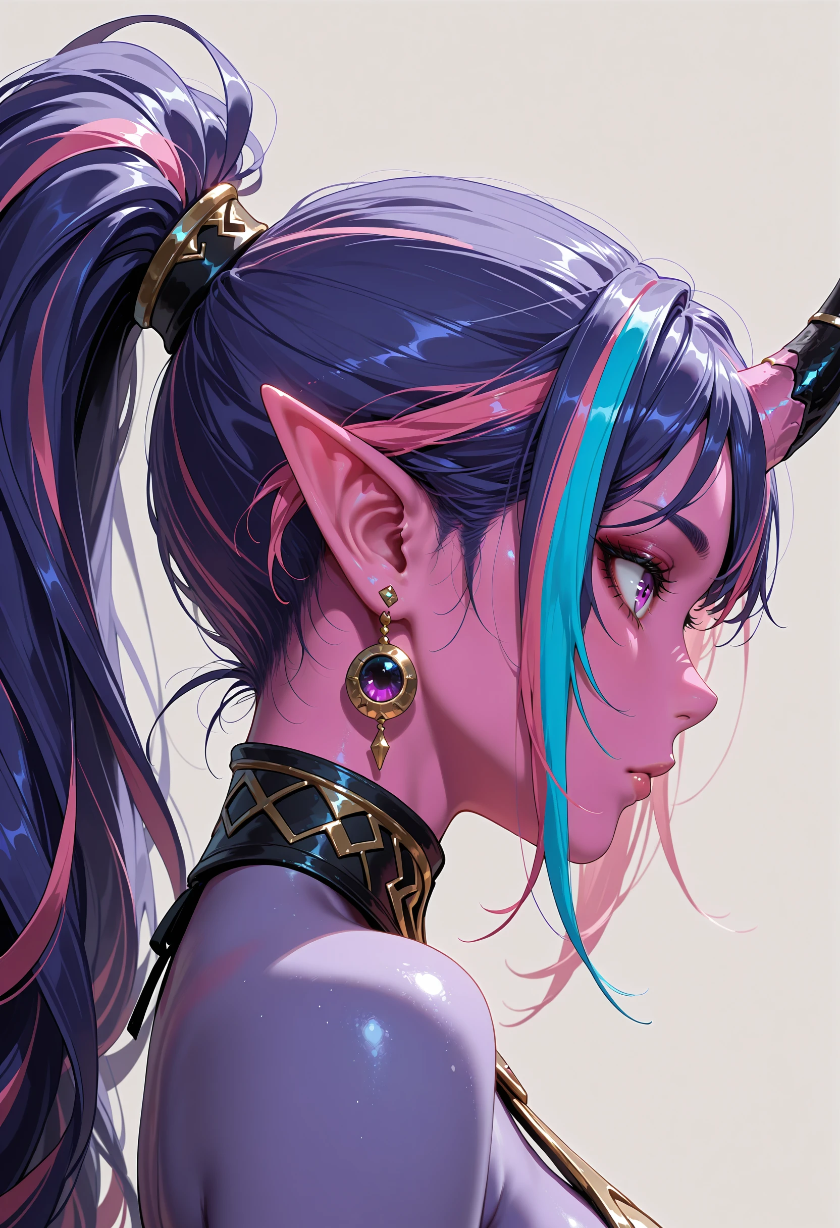 masterpiece, very aesthetic, 1girl, blue hair, colored skin, earrings, from side, grey background, horns, jewelry, long hair, pink hair, pink skin, pointy ears, ponytail, portrait, profile, purple eyes, purple hair, purple skin, simple background, single horn, solo, streaked hairâââ