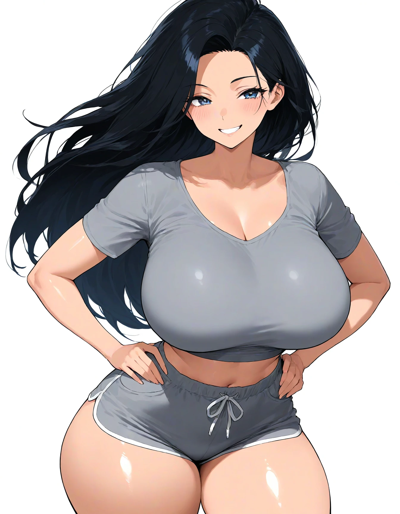 1girl, solo, general, simple background, white background, grin, hands on own hips, long hair, black hair, wide hips, thick thighs, grey crop top, grey shorts, masterpiece, highres, absurdres, detailed face, beautiful face, detailed eyes, beautiful eyes, shiny hair, newest, best quality, good quality, amazing quality, great quality, very aesthetic