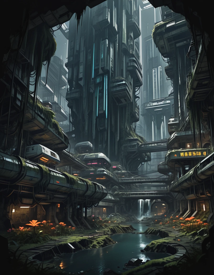 <lora:SWL_Underground1illb:1> swlu1, cyberpunk, underground, futuristic, image23, photo of underground overgrown megastructure, cinematic lighting, wide vertical composition, lush alien vegetation, glowing flowers, crumbling architecture, waterfall light rays, abandoned sci-fi city, futuristic ruin, post-apocalyptic jungle, neon signs, moss-covered metal, tranquil river, dystopian Eden, nature reclaiming technology, rich detail, sharp shadows, high contrast,