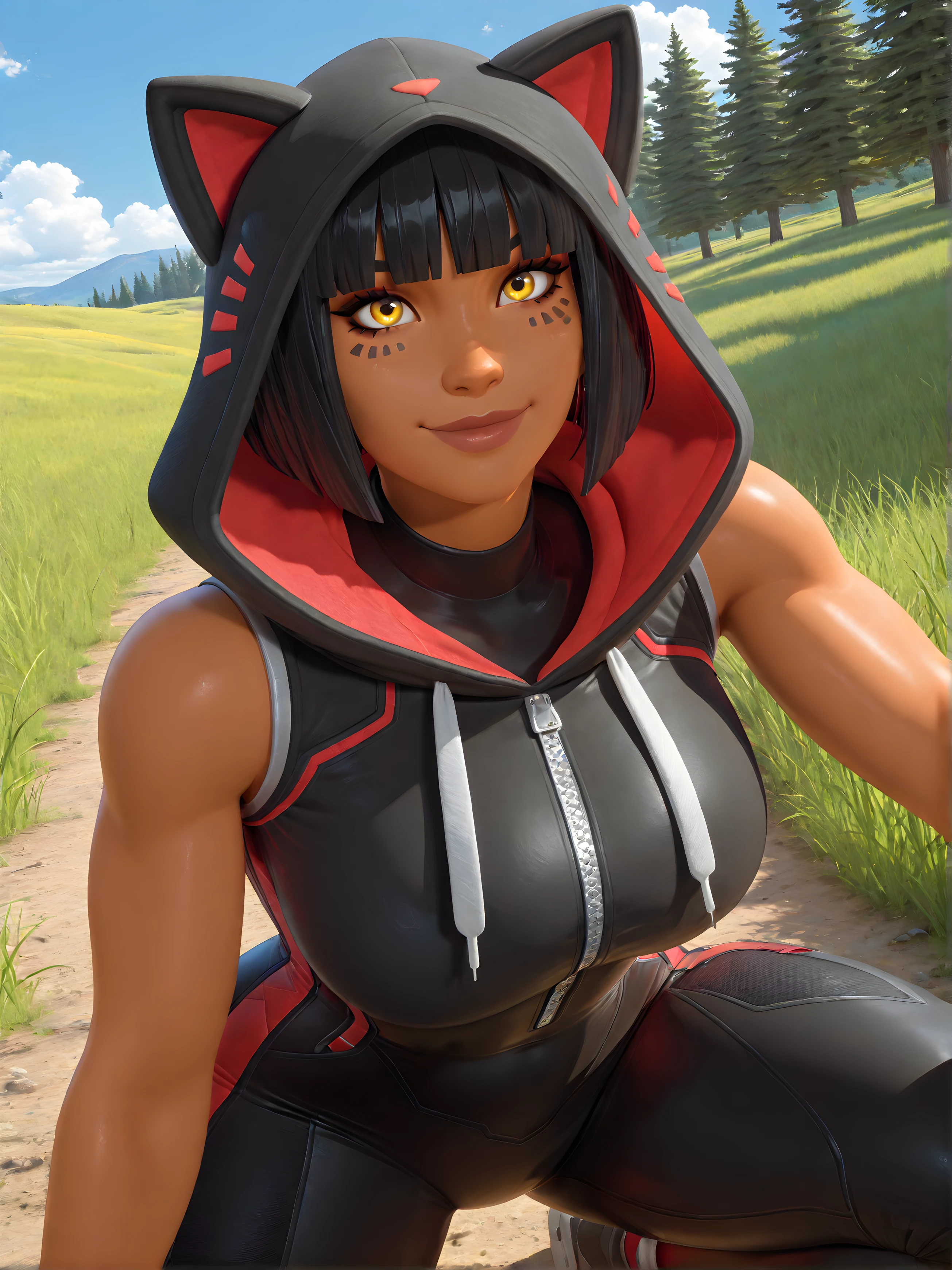 3d, pixar, masterpiece, very aesthetic, best quality, amazing quality, absurdres, newest, intricate details, 1 girl, large bright yellow eyes, detailed black hair, blunt bangs, subtle eye shadow, dark skin, looking at viewer, hyperdetailed skin texture, specular highlights, perfect lighting, soft shadows, subsurface scattering,BREAK thick thighs, ((wide hips)), large breasts, ((black and red fabric bodysuit)), animal hood, cat hood, sleeveless hoodie, black hood, happy, green grass, blue sky, crouching, looking up,
<lora:Agata:1>