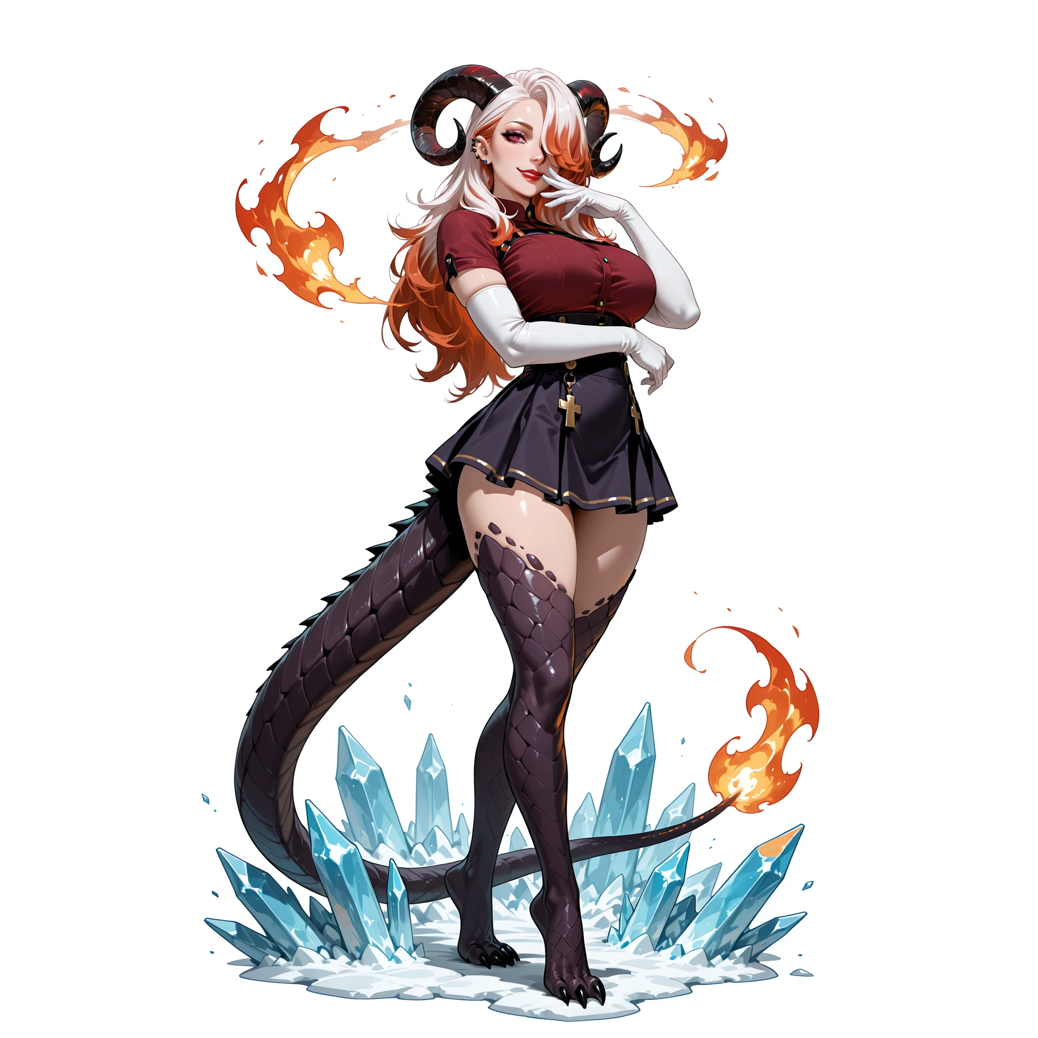 masterpiece, best quality, very aesthetic, absurdres, 1girl, curled horns, elbow gloves, fire, full body, gloves, hair over one eye, hand to own mouth, hand up, horns, large breasts, long hair, looking at viewer, monster girl, one eye covered, pink hair, simple background, skirt, smile, solo, standing, tail, white background, white gloves cross, red shirt, ear piercing, red lips two tone hair, auburn hair, white hair, tail, white background, white gloves fire, ice, black purple shirtâââ