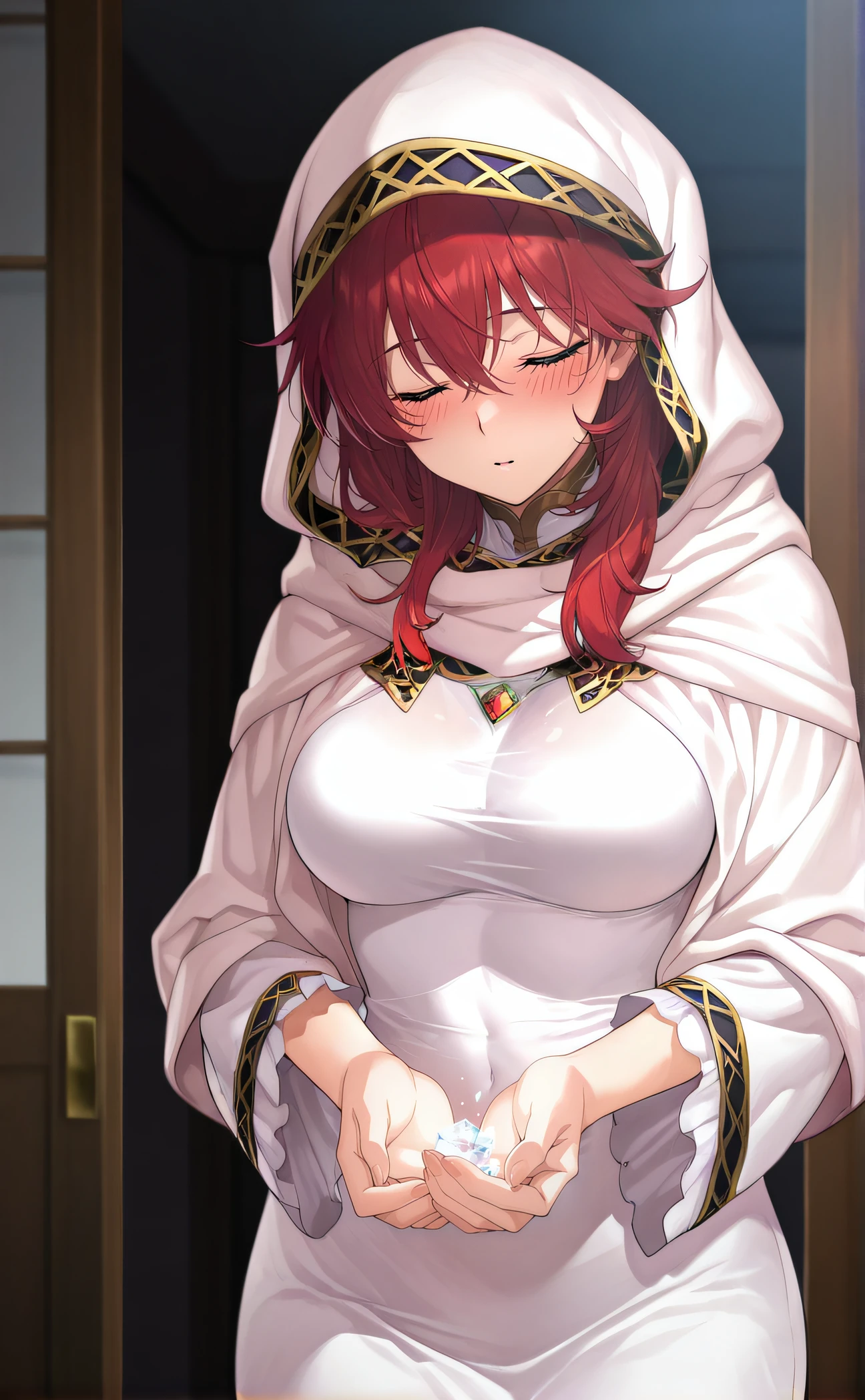 Exusiai(Arknights),red hair,curvy body, wearing clothes(Islam),wears hijab(Islam),big breast,nsfw,praying in bedroom,sitting on a prayer mat(, praying(Muslim),crying,tears eyes,reading Qur'an.