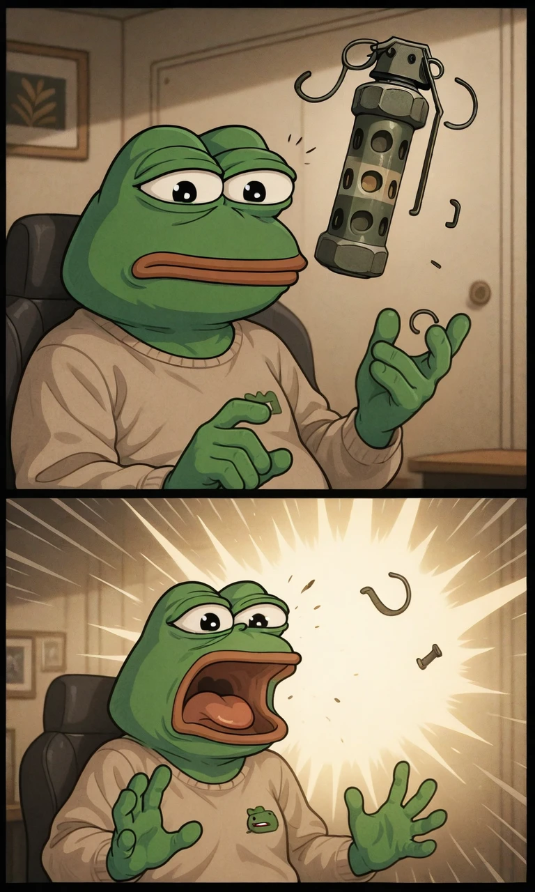 embedding:IllusP0s, 2koma, surprised, flashbang grenade, screaming, pepe,<lora:flashbang grenade_illustrious.safetensors:1.0:1.0> <lora:Maid Magic_PEPE.safetensors:0.8:0.8>