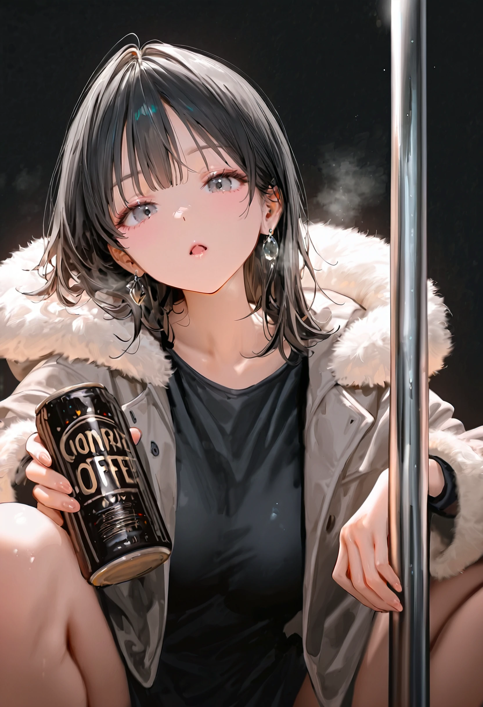 <lora:bmF0c3Vfbm9raW1p-illustriousXL_v01_V2-CAME>, bmF0c, 1girl, solo, black hair, looking at viewer, pole, holding, squatting, holding can, grey eyes, can, black background, jacket, fur trim, hood, medium hair, jewelry, long sleeves, simple background, parted lips, open mouth, canned coffee, earrings, coat, open clothes, holding bottle, grey coat, fur-trimmed hood, black shirt, bottle