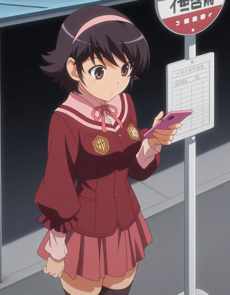masterpiece, best quality, amazing quality,, <lora:ayumi-takahara-s1s2-illustriousxl-lora-nochekaiser:1>, ayumi takahara, takahara ayumi, short hair, black hair, brown eyes, hairband, mature female, medium breasts, anime screencap, skirt, thighhighs, zettai ryouiki, school uniform, shirt, red shirt, pink skirt, long sleeves,, from above,, bus stop, waiting, commuter, smartphone, checking time, cold morning, cowboy shot, solo, looking at viewer