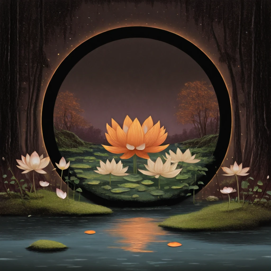 <lora:Modern_Dreamcore_Dark_FantasyIllustrious:1> Modern Dreamcore Dark Fantasy, The image is a digital illustration of a beautiful landscape with a black circle in the center. The circle is surrounded by a group of white lotus flowers with orange petals and green leaves. The background is dark and there are tall trees on either side of the circle. The trees have a reddish-brown color and appear to be covered in moss and lichen. The water in the foreground is still and reflects the colors of the trees and flowers. The overall mood of the image is peaceful and serene., flower, no humans, scenery, nature, water, outdoors, leaf, rock, still life, plant