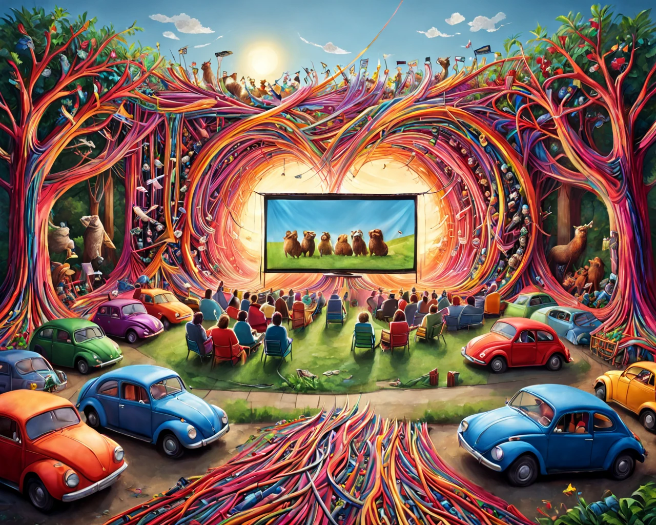 made of mad-cable, rows of convertible cars made of mad-cable facing a movie screen outside, each car featuring a different animal family watching the movie like a family of sloths in a volts wagon beetle made of mad-cable at the drive up movie theater watching a movie, art of 8weod, joyful happy