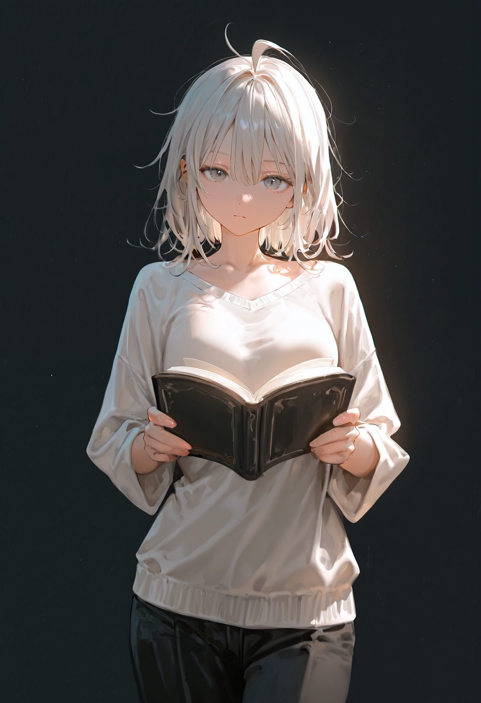 <lora:bmF0c3Vfbm9raW1p-illustriousXL_v01_V2-CAME>, bmF0c, 1girl, solo, holding, holding book, book, simple background, black background, shirt, white hair, medium hair, looking at viewer, grey eyes, long sleeves, white shirt, hair between eyes, closed mouth, cowboy shot, open book, expressionless, pants, messy hair, collarbone, black pants, short hair, standing, ahoge, sweater