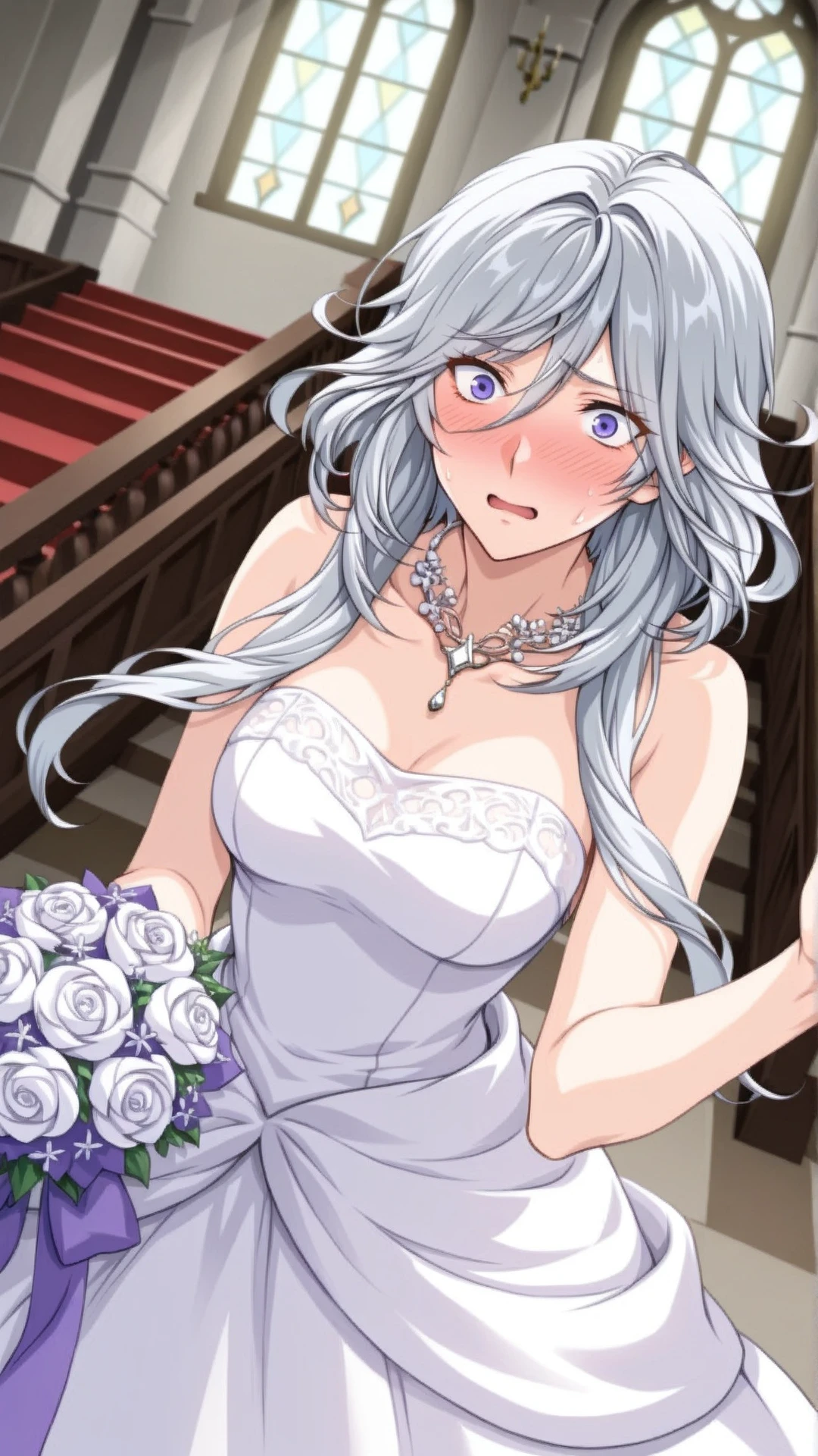 masterpiece, best quality, highres, aaichika,  tiara, bridal veil, necklace, cleavage, wedding dress, strapless dress, white dress, white gloves, elbow gloves, garden on background, smile, open mouth, tears, upper body, confetti, holding bouquet, bouquet,mei mei, long hair, very long hair, braid, (hair over one eye:1.5), braided ponytail, one eye covered, braided bangs, (purple eyes:1.1), Purple lipstick on the lips