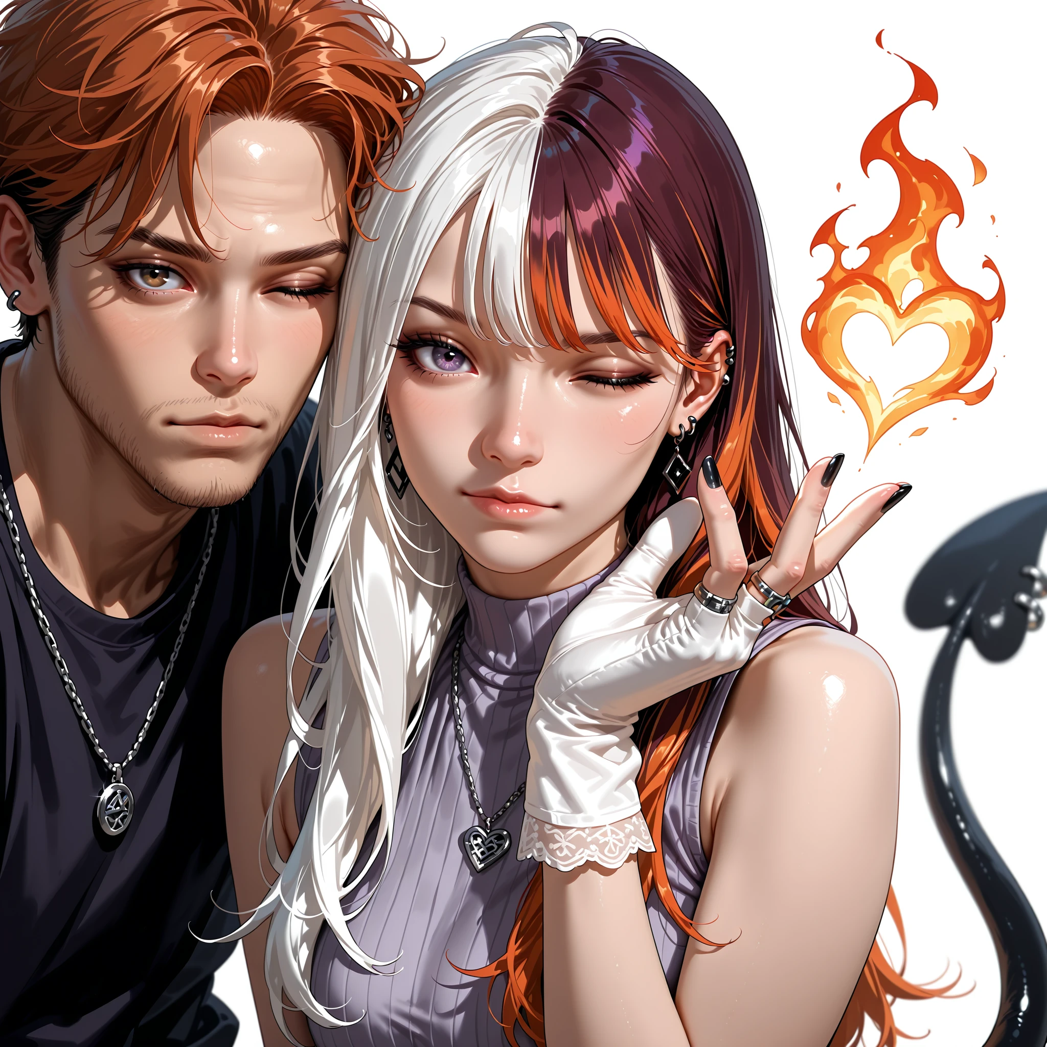 masterpiece, best quality, very aesthetic, absurdres, 1girl, 1boy, necklace, shirt, ring, black nails, white shirt, one eye closed, multicolored hair, looking at viewer, heart, piercing, upper body, two-tone hair, sleeveless, realistic, nail polish, sleeveless shirt, closed mouth, long hair, ear piercing, two tone hair, auburn hair, white hair, tail, white background, white gloves fire, ice, black purple shirtâââ