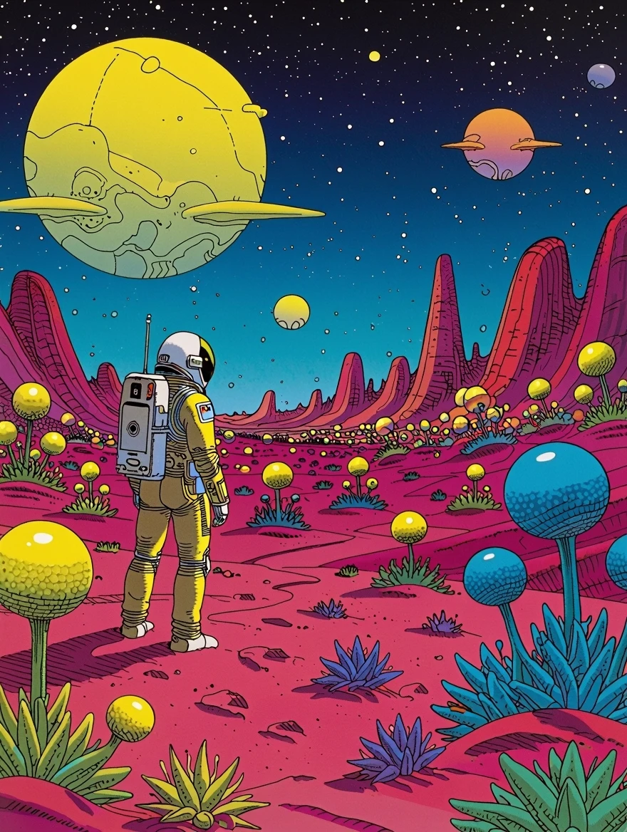 In style of Moebius. An astronaut explores the surface of a mysterious planet, where bizarre plant life and alien structures dominate the landscape.
