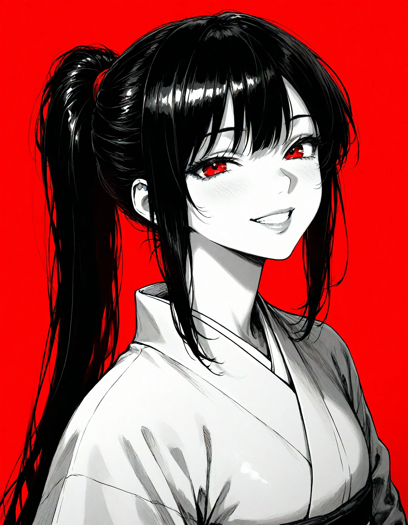 1girl, solo, general, grin, black hair, ponytail, red eyes, lips, kimono, red background, monochrome, masterpiece, highres, absurdres, detailed face, beautiful face, detailed eyes, beautiful eyes, shiny hair, newest, best quality, good quality, amazing quality, great quality, very aesthetic