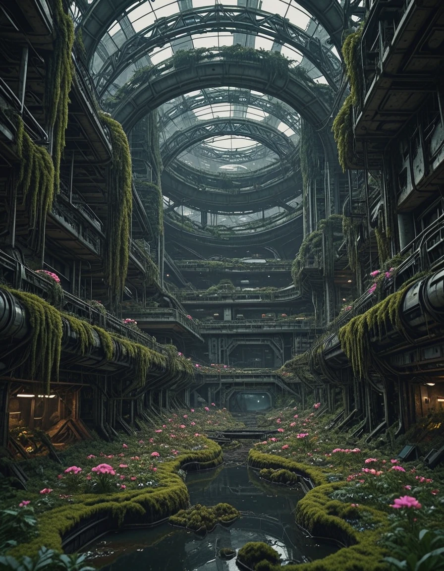 <lora:SWL_Underground1illb:1> swlu1, abandoned future habitat, high detail, overgrown megastructure, circular atrium, pink blossoms, huge oculus, circular megastructures, moss-covered decay, side angle view, neon reflections, abandoned urban garden, decayed high-tech city, mossy architecture, abandoned futuristic interior, cinematic lighting, pink and magenta flora, moss, serene post-apocalyptic beauty, photo of underground sci-fi slum, epic vertical scale, photo of overgrown multilevel cyber-structure, nature overgrowing architecture, photoreal