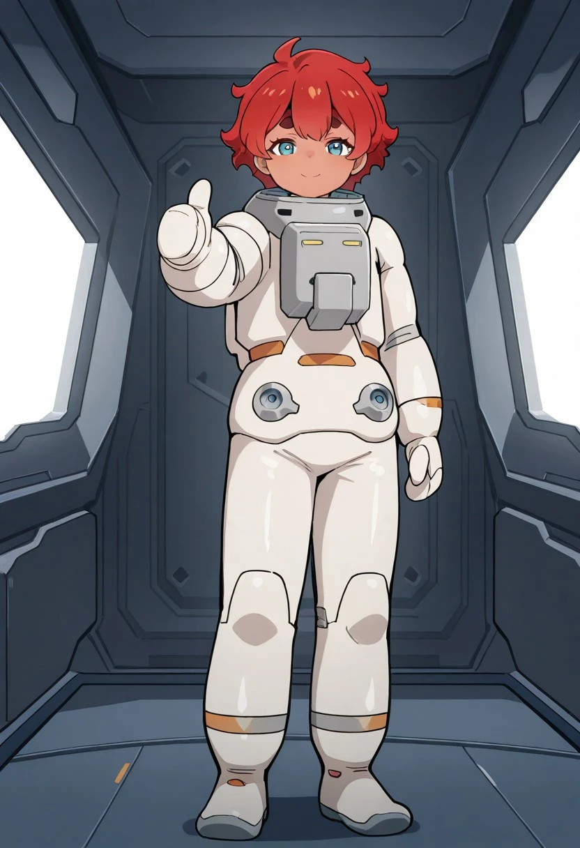 official art, masterpiece, best quality, absurdres, 1girl, female focus, solo, msgwfmes, dark-skinned female, red hair, short hair, thick eyebrows, mismatched eyebrows, spacesuit, mittens, standing, indoors, spacecraft interior, full body, looking at viewer, thumbs up, facing viewer,