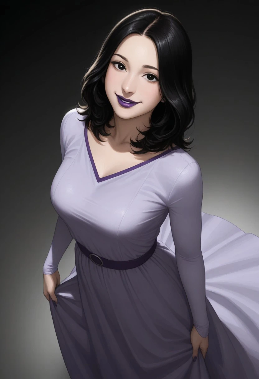 1girl, solo, medium build, medium hair, good lighting, sfw, safe for work, covered skin, flowy dress, black eyes, purple lipgloss, smiling,
fromaboveILL, from above