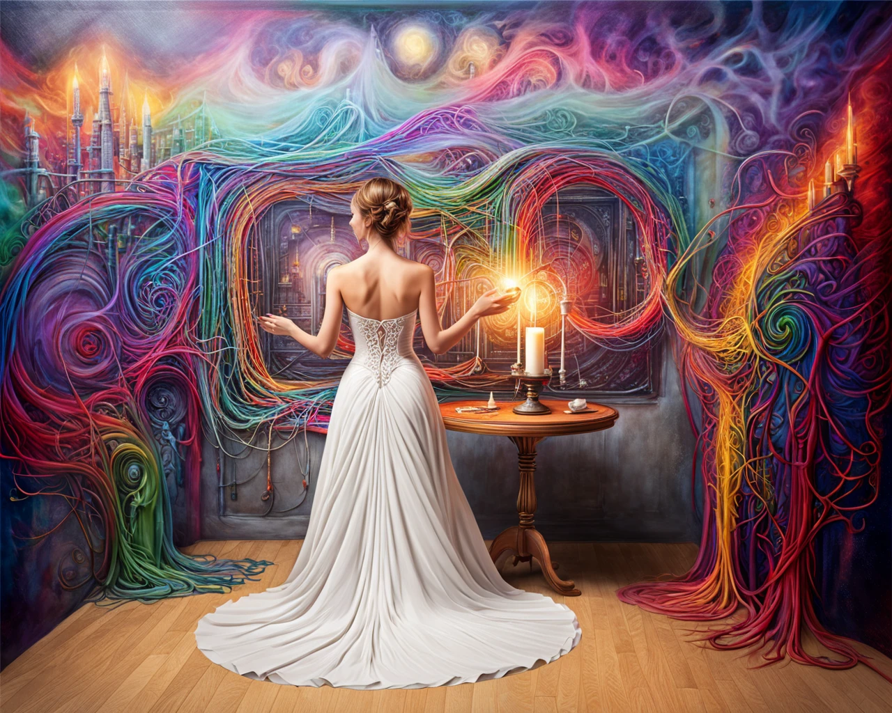 a symphony conducting an electrifying blend of technology and art, long figure with her back to the viewer wearing a long wedding gown leaning against the closest wall in a mysterious way, a small end table with a picture and a candle, art of 8weod, joyful happy
