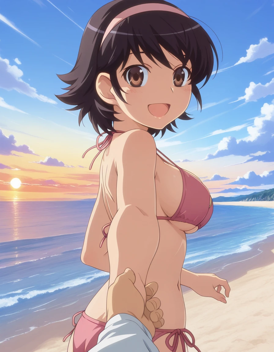 (anime artwork, anime style, studio anime, very detailed, up to date, vibrant, Anime Coloring, high contrast, masterpiece:1.2, best quality, best aesthetics),2 girl,hug from behind,bikini, Medium chest, A glimpse of thighs,random hair, One eye is hidden by the bangs, perfect proportions, high detail skin, Cute, detailed faces,beach, precise fingers,curvy,swim suits crowd, dark skin,cocoa skin, swim suit tanned,full body