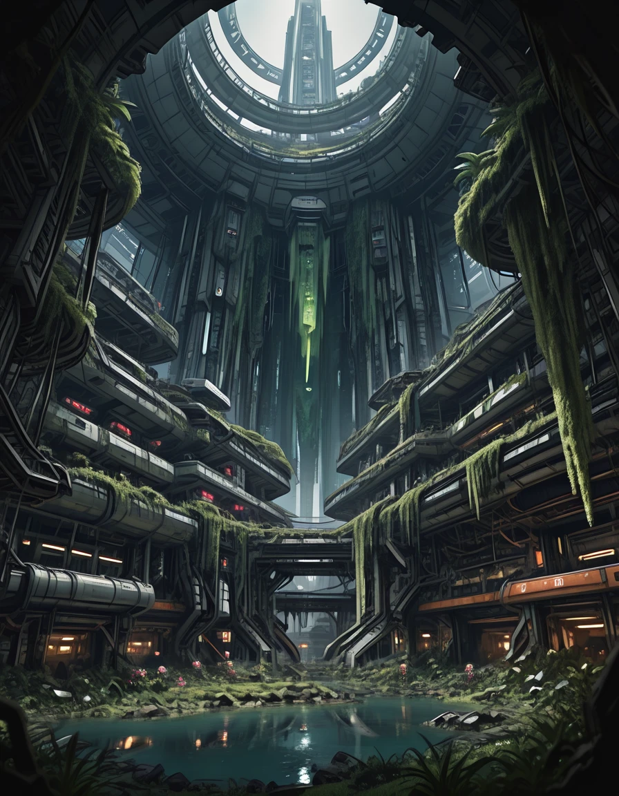 <lora:SWL_Underground1illb:1> swlu1, cyberpunk, underground, futuristic, photo of a colossal, cinematic sci-fi ruin flooded by radiant turquoise waters, viewed from a low frontal angle, revealing the full scale of the enormous suspended megastructure hanging from a broken ceiling above. Gigantic chunks of alien technology hover midair, some tethered by long tendrils of moss and vegetation cascading downward like green waterfalls. The architecture is angular, towering, and industrial, with modular segments, rusting panels, and power conduits draped in vines. Below, glowing aquamarine pools mirror the structureâs ominous shadow, interrupted by grassy islets and pockets of vibrant flora in bloom. In the distance, massive mechanical legs and broken platforms rise from the water, partially overgrown with moss and ferns, as if swallowed by nature. Soft atmospheric haze cloaks the horizon, where remnants of a forgotten city blend into the sky. The lighting is soft and diffuse, with bright white sunlight piercing the upper cracks of the ceiling, creating divine beams that wash over the ancient wreckage. Scattered across the foreground are solitary human figures, dressed in post-apocalyptic gear, dwarfed by the immense scale of the environment. The entire scene evokes a haunting sense of abandoned technological glory reborn in harmony with wild nature.