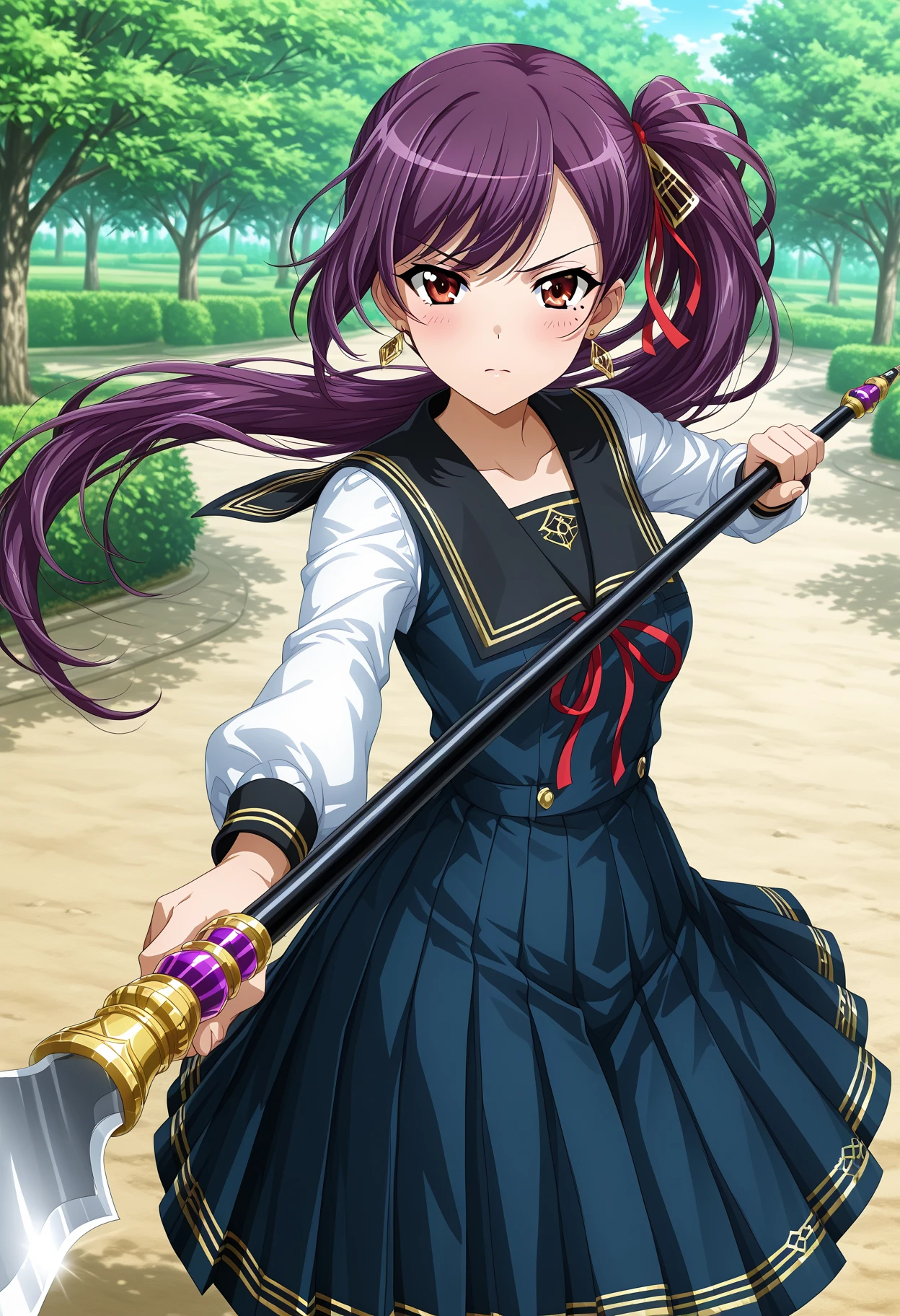 1girl, watatsuki no yorihime (touhou), long hair, ponytail, purple hair, purple eyes, white shirt, collared shirt, puffy short sleeves, red dress, pinafore dress, buttons, single strap, long dress, open dress, short boots, yellow bow, hair bow, loose belt, bracelet, katana, holding,