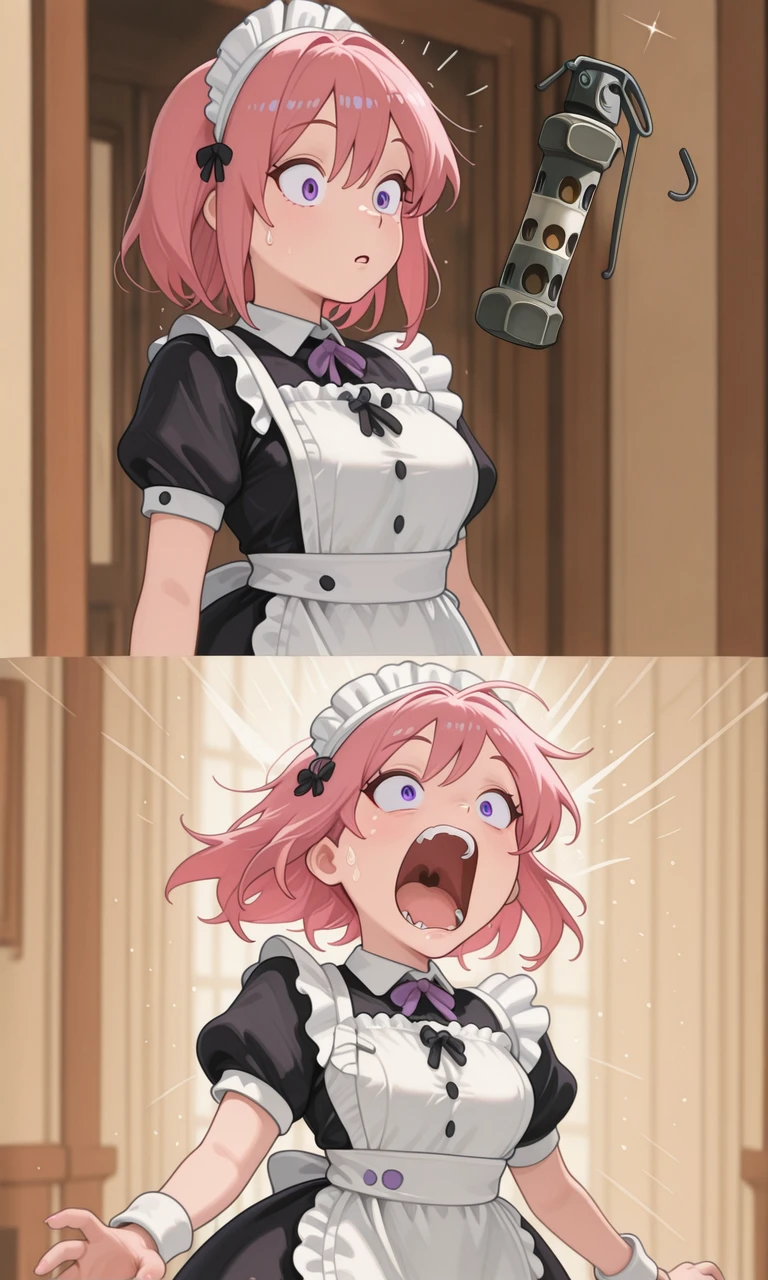 embedding:IllusP0s, g00se, pink hair, purple eyes, maid outfit, 2koma, surprised, flashbang grenade, screaming,<lora:flashbang grenade_illustrious.safetensors:1.0:1.0> <lora:g00se_v2_ill.safetensors:0.9:0.9> <lora:CivChan.safetensors:0.8:0.8>