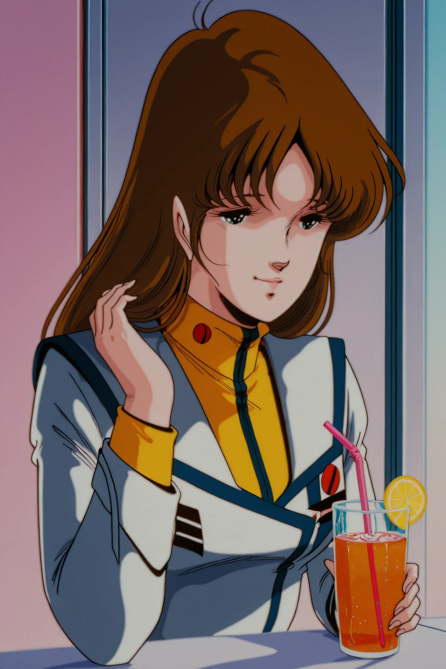 Anime Style,Misa Hayase,1girl,brown hair,solo,drinking straw,long hair,1980s \(style\),uniform,retro artstyle,military uniform,military,jacket,smile,science fiction,
<lora:Haruhiko Mikimoto_illustriousXL_v2:1>,