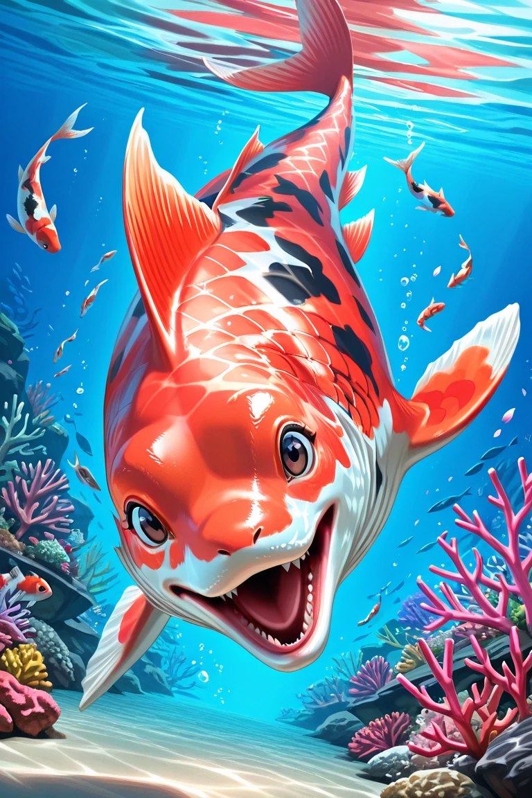 vibrant-semirealistic official style focus, animal focus, koi, fish, looking at viewer, open mouth, swimming, underwater, cherry blossom, petals, coral, dynamic angle, dynamic action, dutch angle, masterpiece, best quality, amazing quality, very aesthetic, absurdres, newest, very awa, visual effects