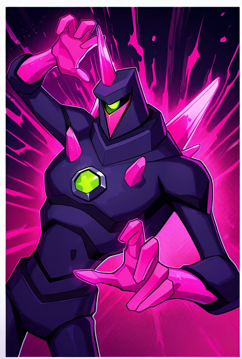 Hero Man whose suit is a vibrant emerald green with black details, decorated with luminous symbols. He wears a helmet that resembles a futuristic visor., with a shiny jewel in the center. Its beak transforms into a hammer of green energy, with a luminous sphere at the end that emits pulses of light.