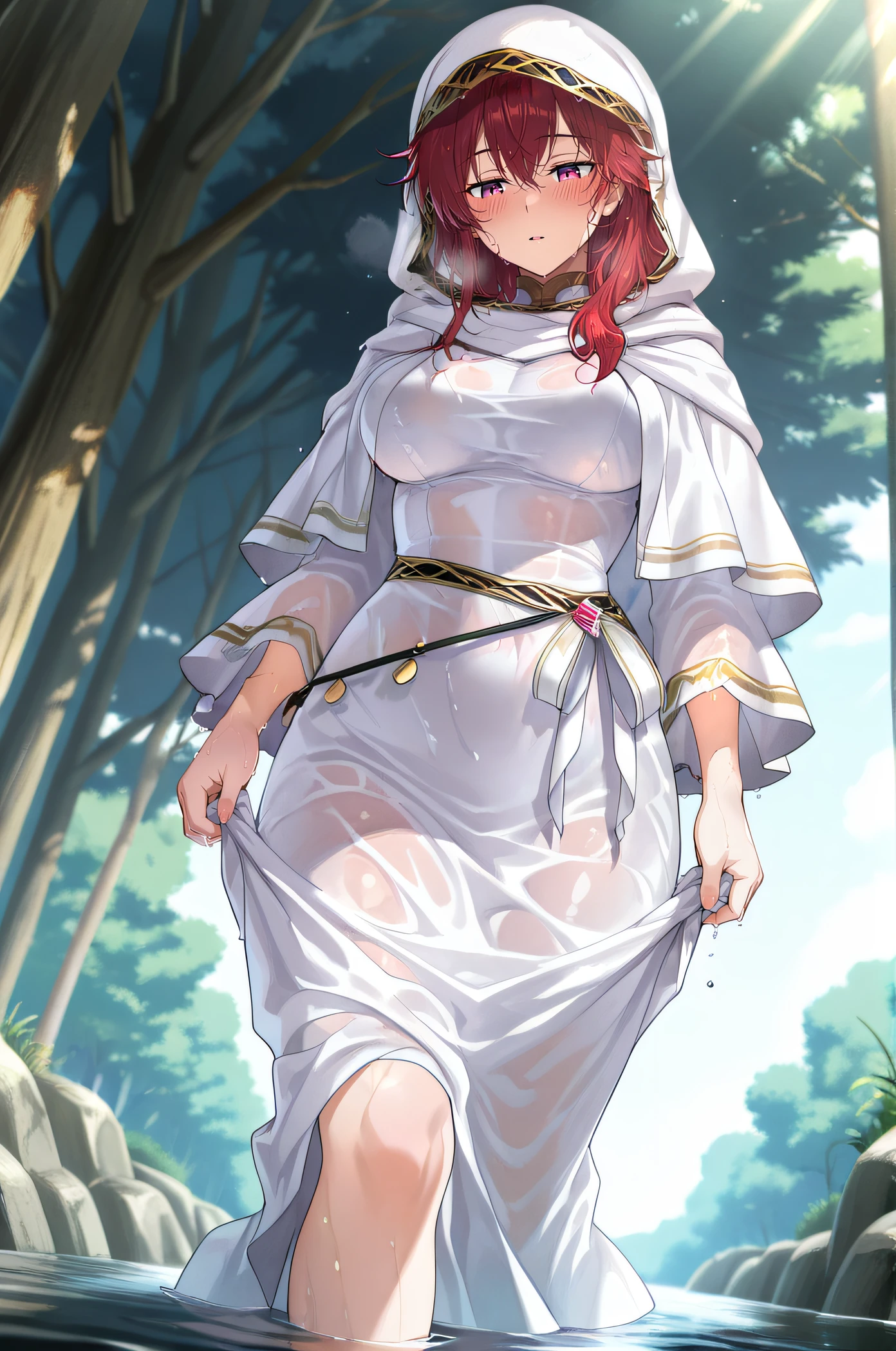 Embarrassed look、Side bust、Landscape illustration、Wet body after shower、Middle wind、Tearnote Yoko, 22 years old、Small breasts、High resolution、short hair、Long slit dress、Pink Curtain Dress、I can see the nipples、Her crotch is visible through the gap in her clothes