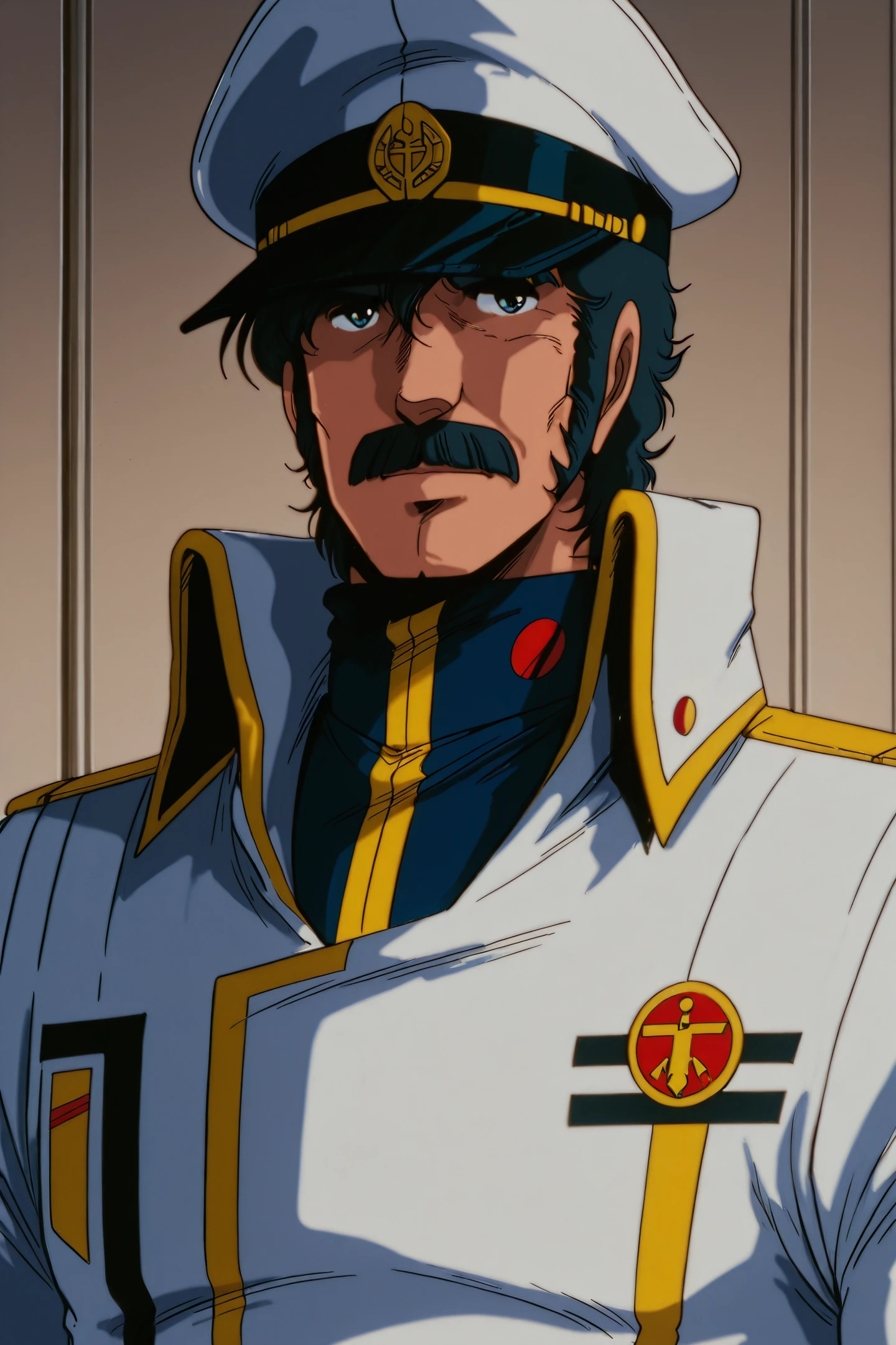 Anime Style,Bruno J. Global,1boy,mustache,male focus,hat,facial hair,solo,black uniform,military uniform,military,peaked cap,looking at viewer,upper body,black hair,white headwear,
<lora:Haruhiko Mikimoto_illustriousXL_v2:1>,
