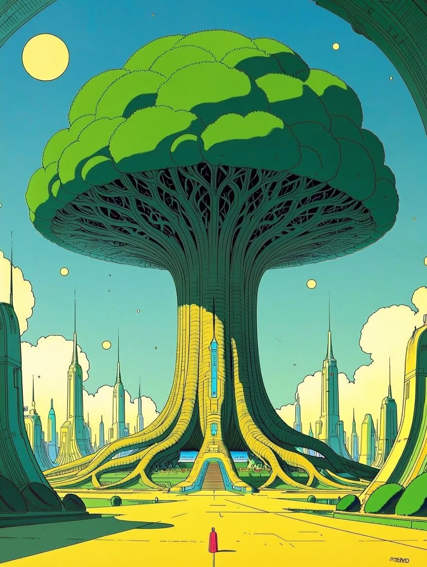 In style of Moebius. A serene landscape where a massive, ancient tree grows from the center of a futuristic city, its roots and branches integrated into the architecture.