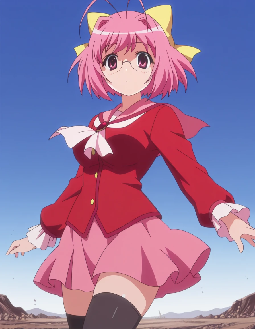 masterpiece, best quality, amazing quality,, <lora:kanon-nakagawa-s1s2-illustriousxl-lora-nochekaiser:1>, kanon nakagawa, nakagawa kanon, short hair, pink hair, hair bow, pink eyes, antenna hair, mature female, medium breasts, anime screencap, skirt, thighhighs, zettai ryouiki, school uniform, shirt, red shirt, pink skirt, long sleeves, pink sailor collar, red trim, ribbon, glasses,, <lora:dynamic-pose-illustriousxl-lora-nochekaiser:1>, dynamic pose, midair, cowboy shot, wasteland, barren, dry, post_apocalyptic, desolate, cowboy shot, solo, looking at viewer