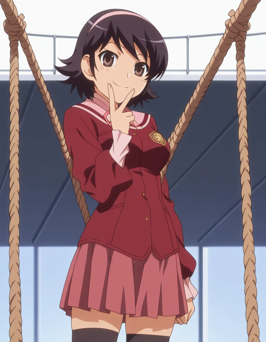 masterpiece, best quality, amazing quality,, <lora:ayumi-takahara-s1s2-illustriousxl-lora-nochekaiser:1>, ayumi takahara, takahara ayumi, short hair, black hair, brown eyes, hairband, mature female, medium breasts, anime screencap, skirt, thighhighs, zettai ryouiki, school uniform, shirt, red shirt, pink skirt, long sleeves,, v, v over mouth, smug,, rope bridge, wood, rope, suspension, height, cowboy shot, solo, looking at viewer
