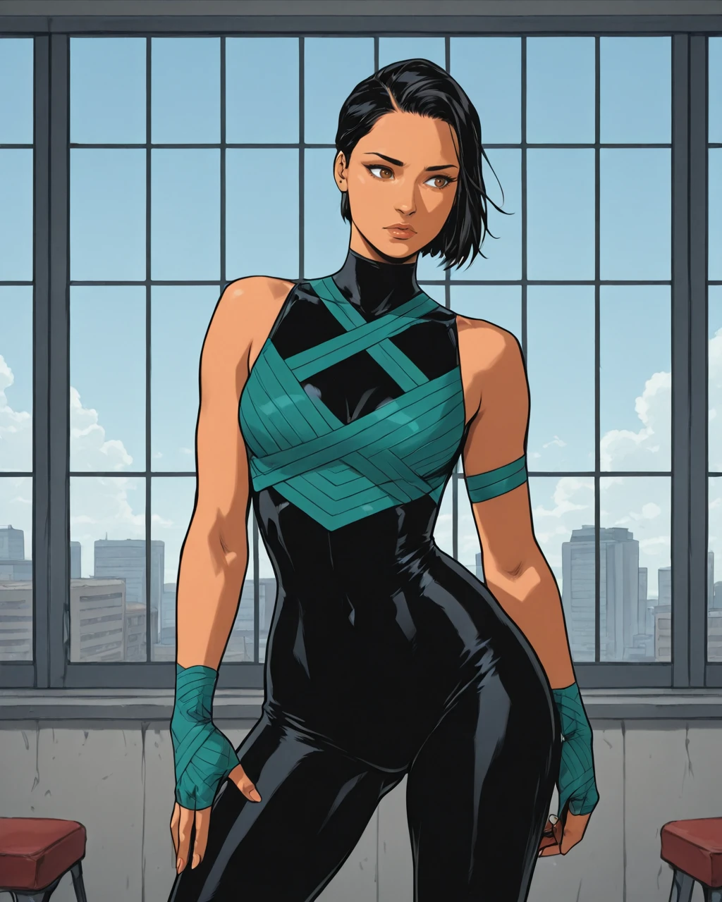 Clay Mann, a beautiful 20yo woman in crop top and light gray pantyhose