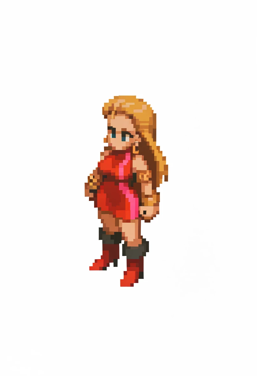masterpiece, best quality, 1girl, solo, standing, <lora:FFT-Sprites-illus_Fp:1> looking at viewer, from side, full body, standing, solid oval eyes, no mouth, no nose, pixel art, <lora:BodyconianSMT-illu:1> bdc0n, blonde hair, hair slicked back, long hair, blue eyes, earrings, turtleneck dress, red dress, pink stripe, sleeveless, medium breasts, armlet, bangle, short dress, knee boots, high heel boots, red footwear