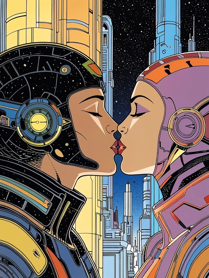 In style of Moebius. Close up of a future fantasy couple having a kiss.  They both wear strange clothing.  The background is a technologically advanced city.