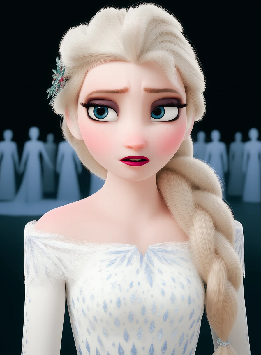 Elsa's White Dress \(outfit\), elsa \(frozen\),The image is a high-quality digital illustration depicting a young woman with a pale complexion and long, flowing, platinum blonde hair that cascades down her back. She has striking, almond-shaped, light blue eyes with long, dark eyelashes, and her expression is one of slight annoyance or displeasure, with a slight frown and furrowed brow. Her cheeks are slightly flushed, adding to her expressive face. She is dressed in a white, off-the-shoulder dress that features intricate, icy blue patterns resembling snowflakes or frost, which cover her chest and shoulders. The dress appears to be made of a soft, silky material that reflects the light, giving it a shimmering effect. The background is a gradient of cool blues and whites, suggesting a wintry or icy environment. In the background, there are several indistinct figures, also dressed in white and blue, which appear to be walking or standing, adding depth to the scene. The overall style of the illustration is detailed and realistic, with a focus on the textures and details of the character's hair, skin, and clothing.