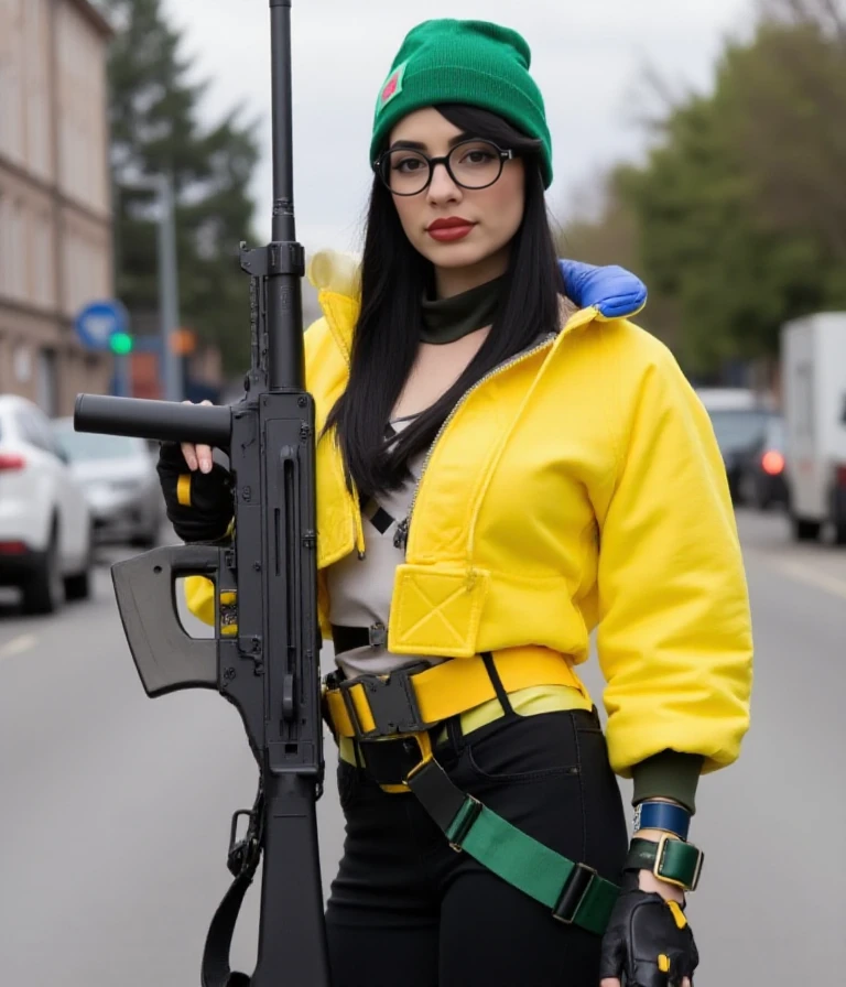 She holds a rifle in the street. <lora:Killjoy:0.9> killjoy, a woman with a yellow jacket, black glasses, green hat, black pants.