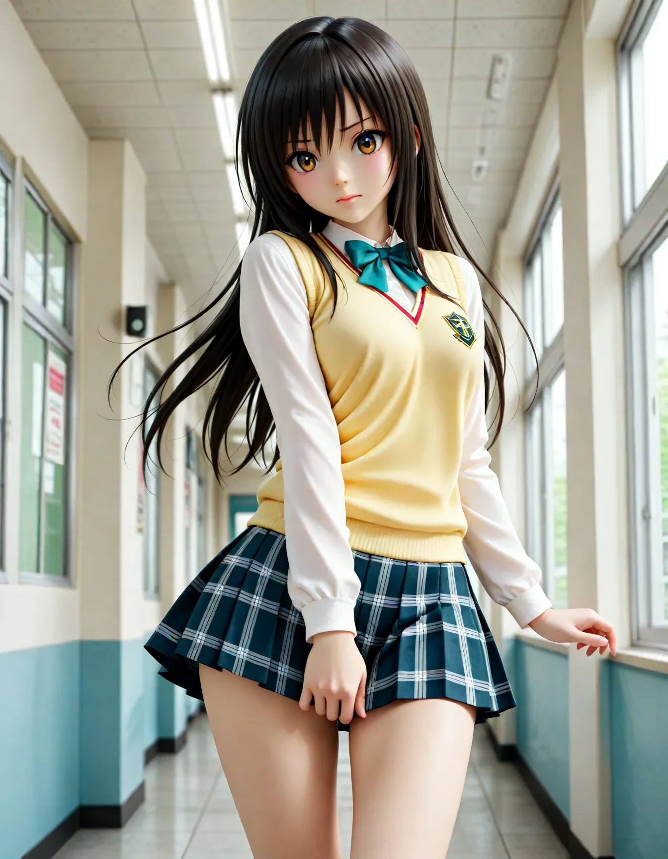 <lora:dmd2_sdxl_4step:1>,1girl,official style,masterpiece,best quality,newest,very aesthetic,highly detailed,high resolution,absurdres,highres,depth of field,super detailed skin,very awa,posing,serafall leviathan,kotegawa yui,yellow vest,pleated_skirt,school_uniform,konjiki no yami,