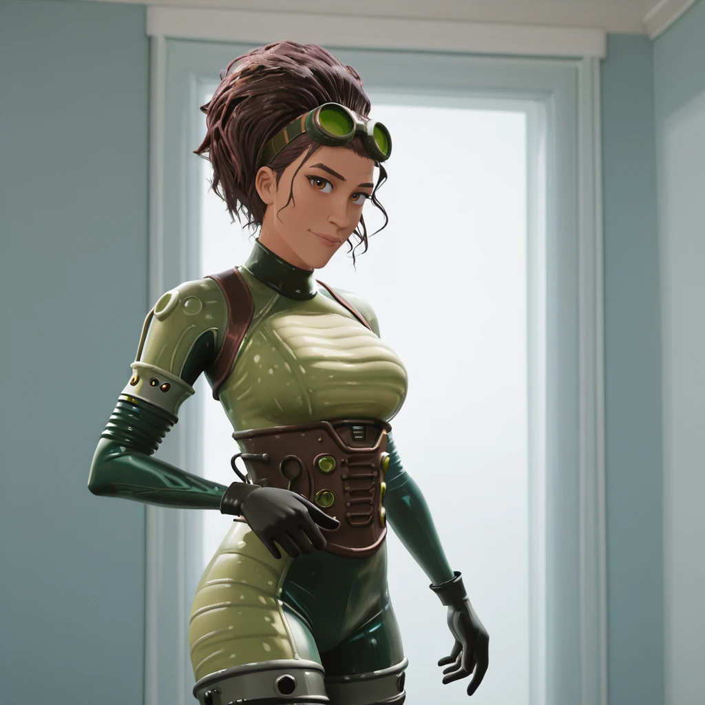 Bo Wei Style, score_9, score_8_up, score_7_up, very detailed, highly detailed texture, smooth, smooth colour, block colour, flat color, LadyB, 1girl, full body, slim body, slim thighs, bodysuit, detail eyes, solo, looking at viewer, ninja mask, large breasts, simple background, brown hair, green eyes, weapon, bodysuit, holding two hand, ninja background, sheath, skin tight, LadyB bodysuit, ladybninja close-up, 8k detailed,