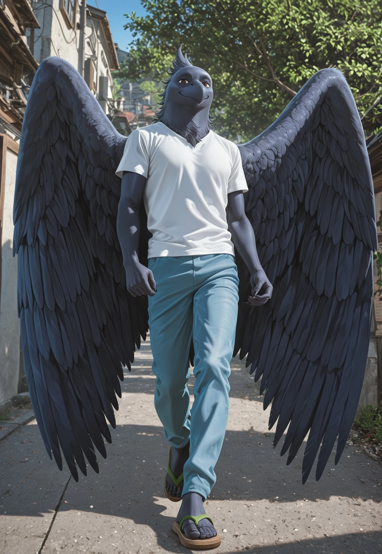masterpiece,best quality,absurdres,newest,perfect quality,best quality,absolutely eye-catching,detailed background,intricate details,realistic,jirotengu,1boy,solo,full body,furry,bird boy,black skin,brown eyes,beak,wings,shirt,pants,sandals,sharp nails,looking at viewer,smile,
BREAK,(extreme perspective,dynamic composition,dynamic pose:1.2),outdoors