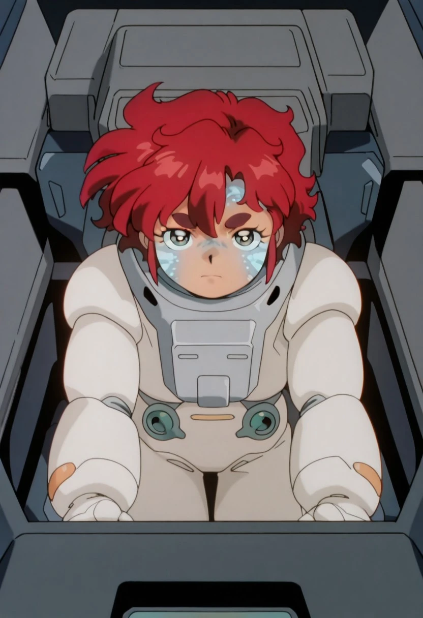 official art, masterpiece, best quality, absurdres, AWGXS, anime screenshot, retro artstyle,1990s (style), cel animation, 1girl, female focus, solo, msgwfmes, dark-skinned female, red hair, short hair, thick eyebrows, mismatched eyebrows, permet, facial markings, glowing markings, spacesuit, mittens, sitting, leaning forward, serious expression, cockpit, straight-on