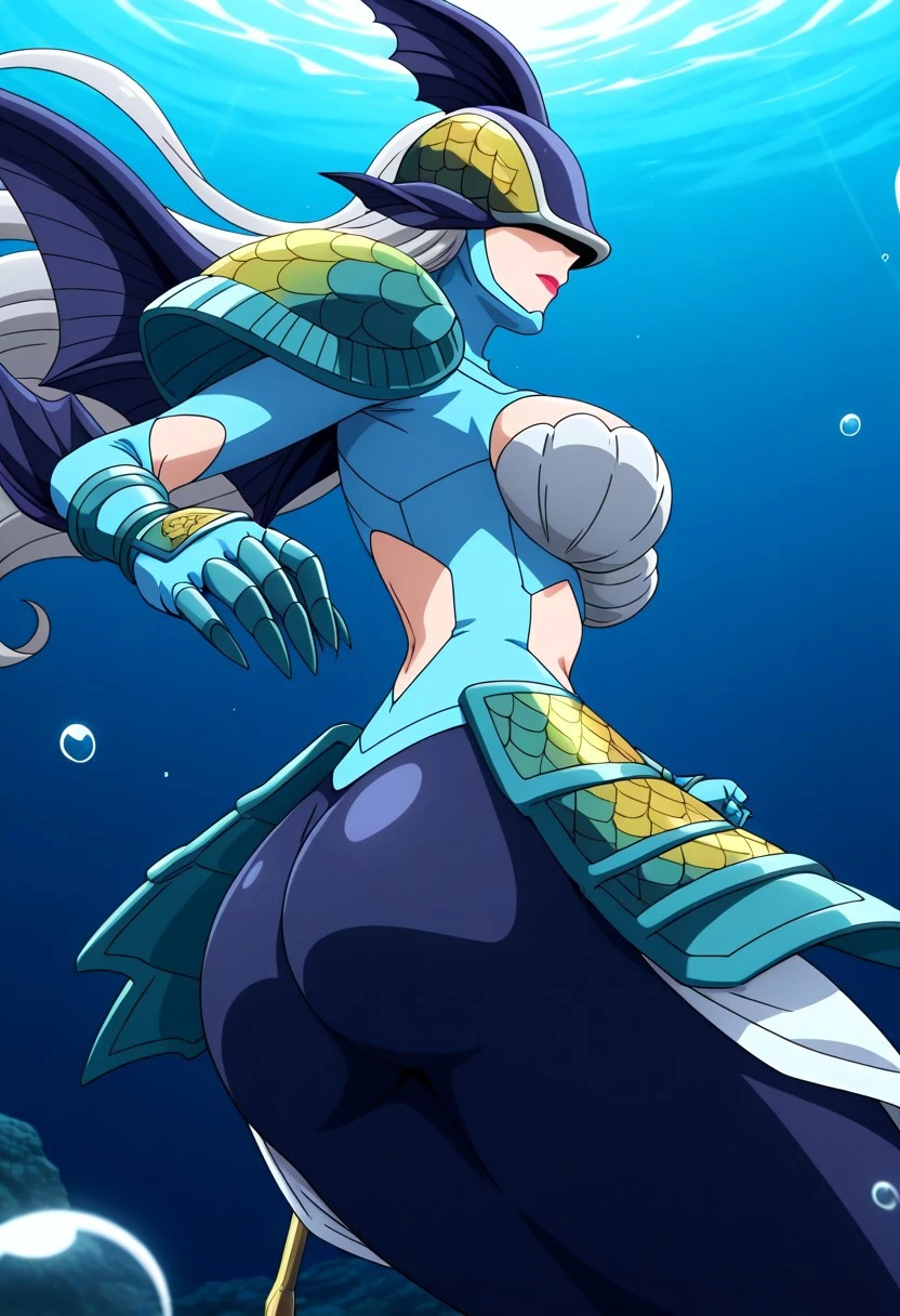 Masterpiece, solo, 1girl, high quality, mermaid, sexy, curvy, wearing blue and gold royal clothes, blue and gold demon mask, splashing out of water