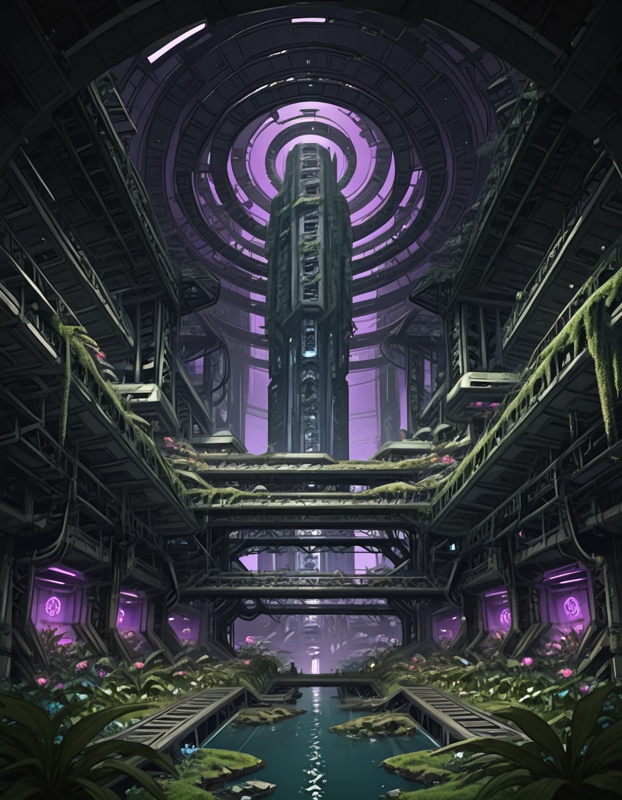 <lora:SWL_Underground1illb:1> swlu1, cyberpunk, underground, futuristic, photo of a vast, cinematic sci-fi ruin submerged in shimmering reflective waters, viewed from a low, mid-distance angle that stretches toward the towering backdrop of colossal vertical city structures. In the center, a massive, disc-shaped alien spacecraft hovers suspended by biomechanical tendrils, glowing from beneath with vibrant neon violets and electric blues. The craftâs underside pulses with ethereal light, illuminating parts of the surrounding overgrowth. On both sides of the scene, the decayed remnants of futuristic arcology spires are cloaked in creeping moss, ivy, and lush foliage that spills over the edges of fractured metal platforms. Below, the water surface is broken by ancient industrial debris, sunken platforms, shattered bridges, and clusters of glowing aquatic plants in bright cyan, purple, and emerald hues. Light from high above pours down in shafts through broken ceiling panels, creating an atmosphere of divine mystery and discovery. Far in the hazy depth, layered corridors of the megastructure stretch toward infinity, evoking the overwhelming verticality of a forgotten utopia. Mist hovers over the surface, blurring reflections, while small bursts of vivid vegetation and alien flora erupt between concrete and steel seams. The ambiance blends post-apocalyptic awe with serene natural rebirth, surrounded by the hum of alien power and overgrown silence.