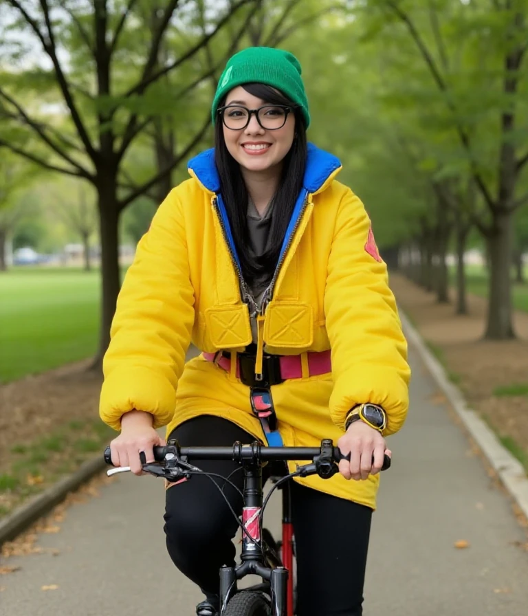 She rides a bicycle in a park. <lora:Killjoy:0.9> killjoy, a woman with a yellow jacket, black glasses, green hat, black pants.