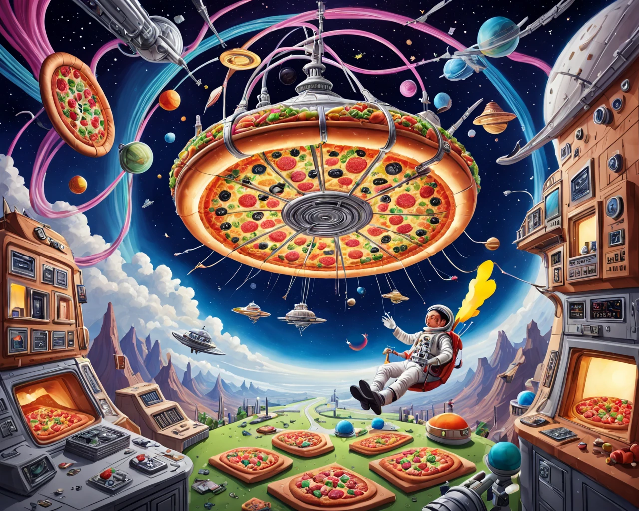george jetson flying his spaceship made of colorful mad-cable over a space station that is a giant pizza floating in space, surreal art, trippy, mind bending, art of 8weod, joyful happy