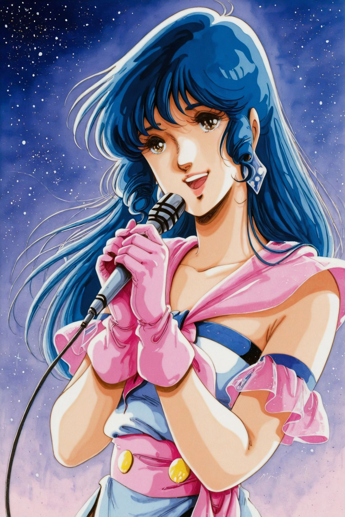 Lynn Minmay,1girl,microphone,1980s \(style\),solo,gloves,long hair,earrings,jewelry,retro artstyle,pink gloves,open mouth,smile,star \(sky\),holding,blue hair,brown eyes,holding microphone,watercolor (medium),traditional media,Lynn Minmay dress -2,
<lora:Haruhiko Mikimoto_illustriousXL_v2:1>,