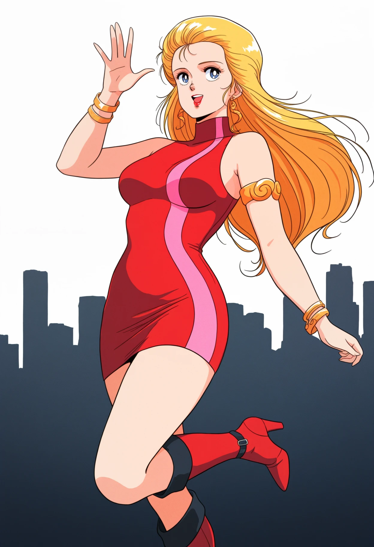 masterpiece, best quality, 1girl, 1980s \(style\), :d, red lips, waving, foot out of frame, <lora:BodyconianSMT-illu:1> bdc0n, blonde hair, hair slicked back, long hair, blue eyes, earrings, turtleneck dress, red dress, pink stripe, sleeveless, armlet, bangle, short dress, large breasts, knee boots, high heel boots, red footwear, simple background, cityscape