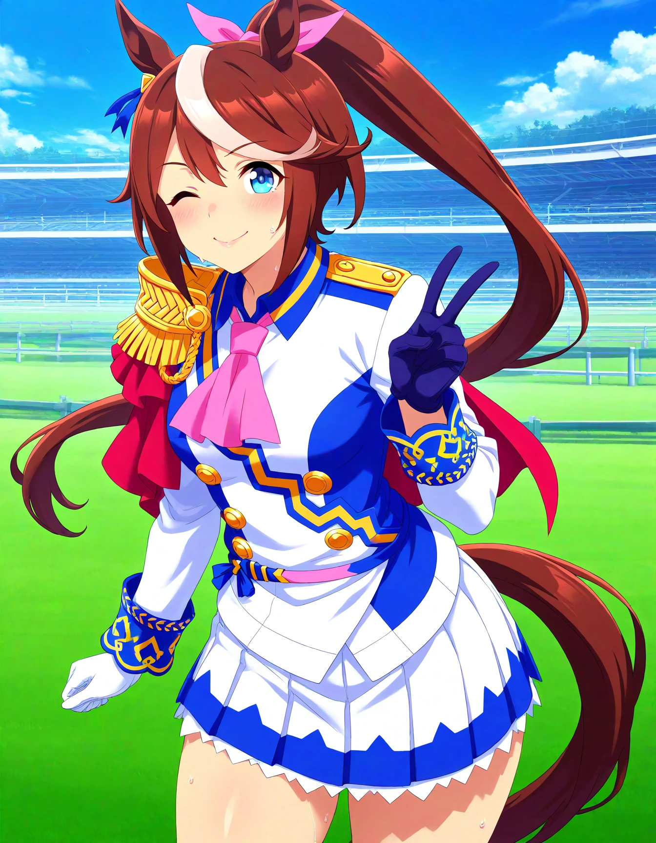 1girl, solo, tokai teio \(umamusume\), umamusume, anime coloring, anime screenshot, general, horse racing track, standing, v, one eye closed, sweat, lips, medium breasts, thick thighs, white gloves, blue gloves, masterpiece, highres, absurdres, detailed face, beautiful face, detailed eyes, beautiful eyes, newest, best quality, good quality, amazing quality, great quality, very aesthetic