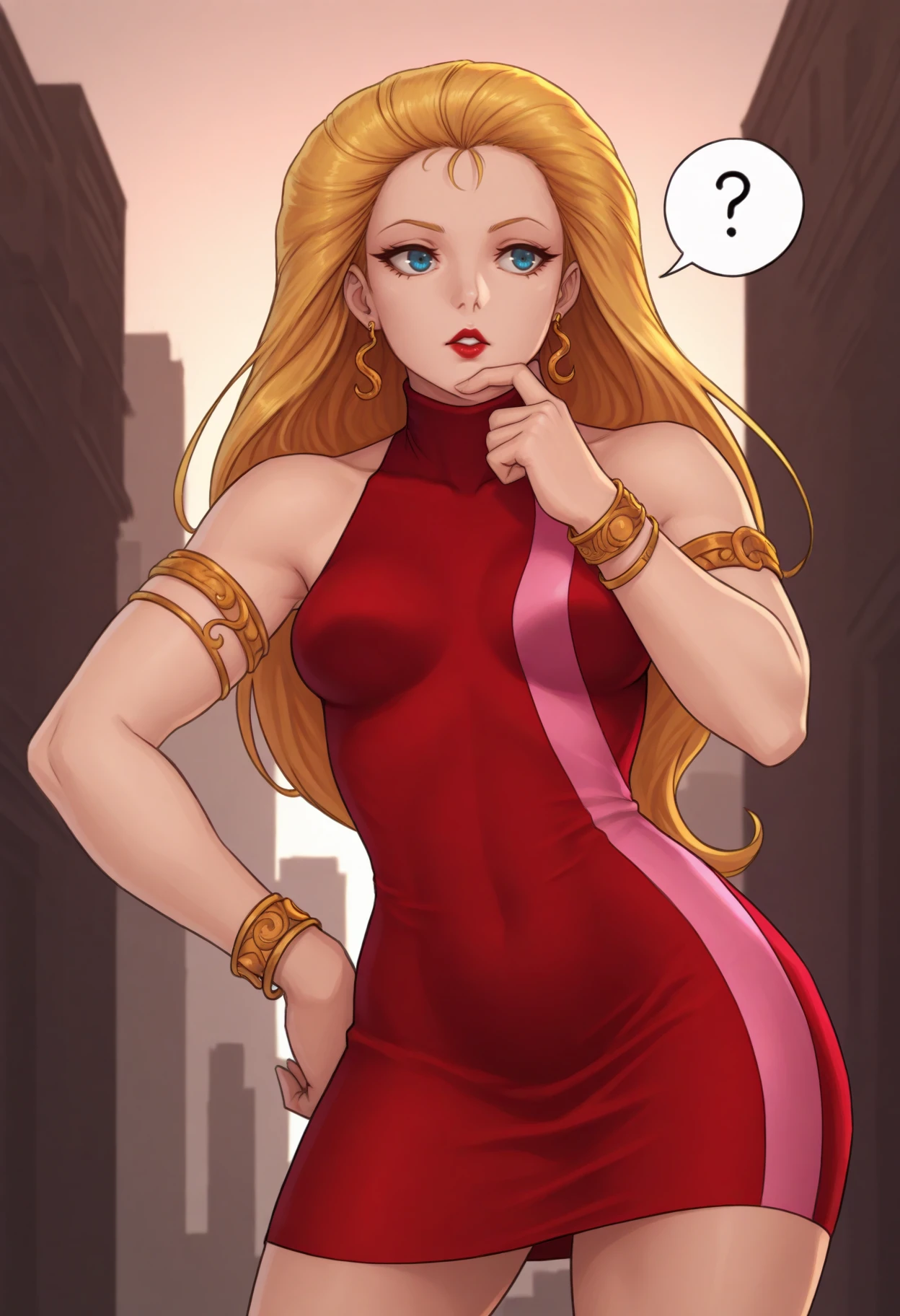 masterpiece, best quality, 1girl, thinking, parted lips, red lips, finger to own chin, spoken question mark, contrapposto, hand on own hip, <lora:BodyconianSMT-illu:1> bdc0n, blonde hair, hair slicked back, long hair, blue eyes, earrings, turtleneck dress, red dress, pink stripe, sleeveless, armlet, bangle, short dress, medium breasts, cityscape