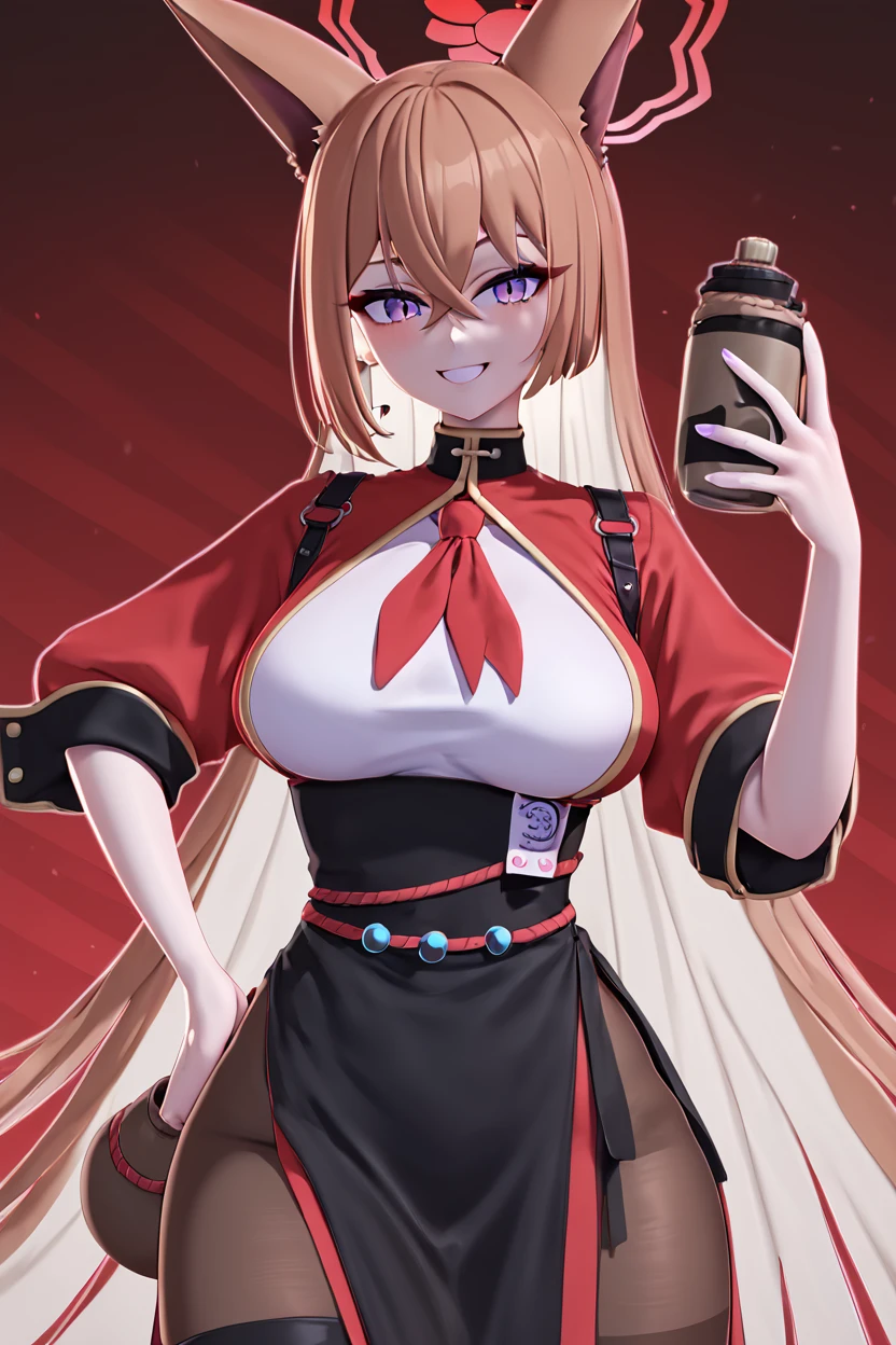 score_9, score_8_up, score_8, medium breasts, (curvy), cute, eyelashes, ,,, zzRumi, brown hair, animal ears, long hair, fox ears, halo, hair between eyes, large breasts, purple eyes, crossed bangs, red halo, very long hair 1girl, black skirt, brown pantyhose, solo, shirt, side slit, hand on own hip, thigh strap, black pantyhose, gourd, rope belt, short sleeves, thighs ,<lora:Rumi_Bluearchive_PDXL:1.0>, ,,,BREAK, smile, looking at viewer, cowboy shot, ,,, embedding:zPDXL, Expressiveh, ,,, <lora:Zy0n7_PDXL:0.8>, <lora:SDXLFaeTastic2400:0.5>, <lora:Expressive_H-000001:0.4>,